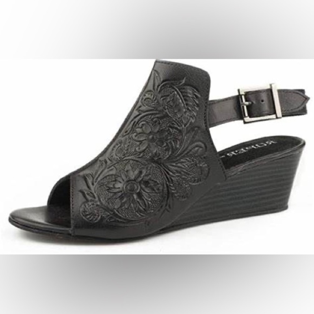 Black tooled leather wedge sandal
